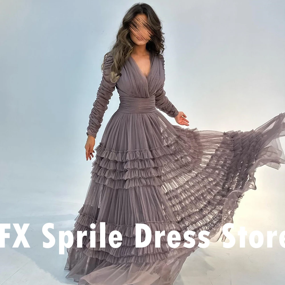 CustomizedBlue Tiered Tulle See Through Long Sleeves Evening Dress Elegant Floor Length A-Line V-Ncek Saudi Arabia Special Occas
