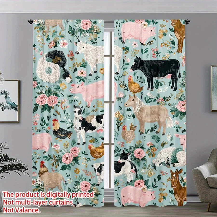 2PCS Digital Printed Curtains with Farm Animals Design, Stylish Window Drapes for Living Room Bedroom Home Decoration and Kitche
