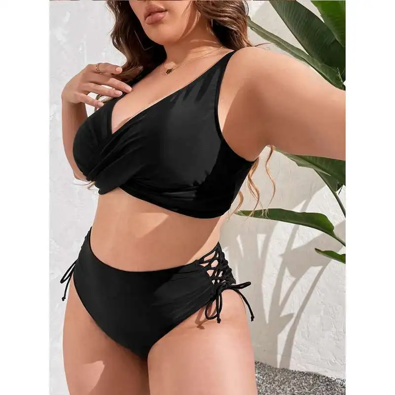 Plus Size Bikini Set Women, Wrap V Neck Tank Bikini Top High Waist Side Lace Up Bottom, Slimming Bathing Suit for Brazil Beach