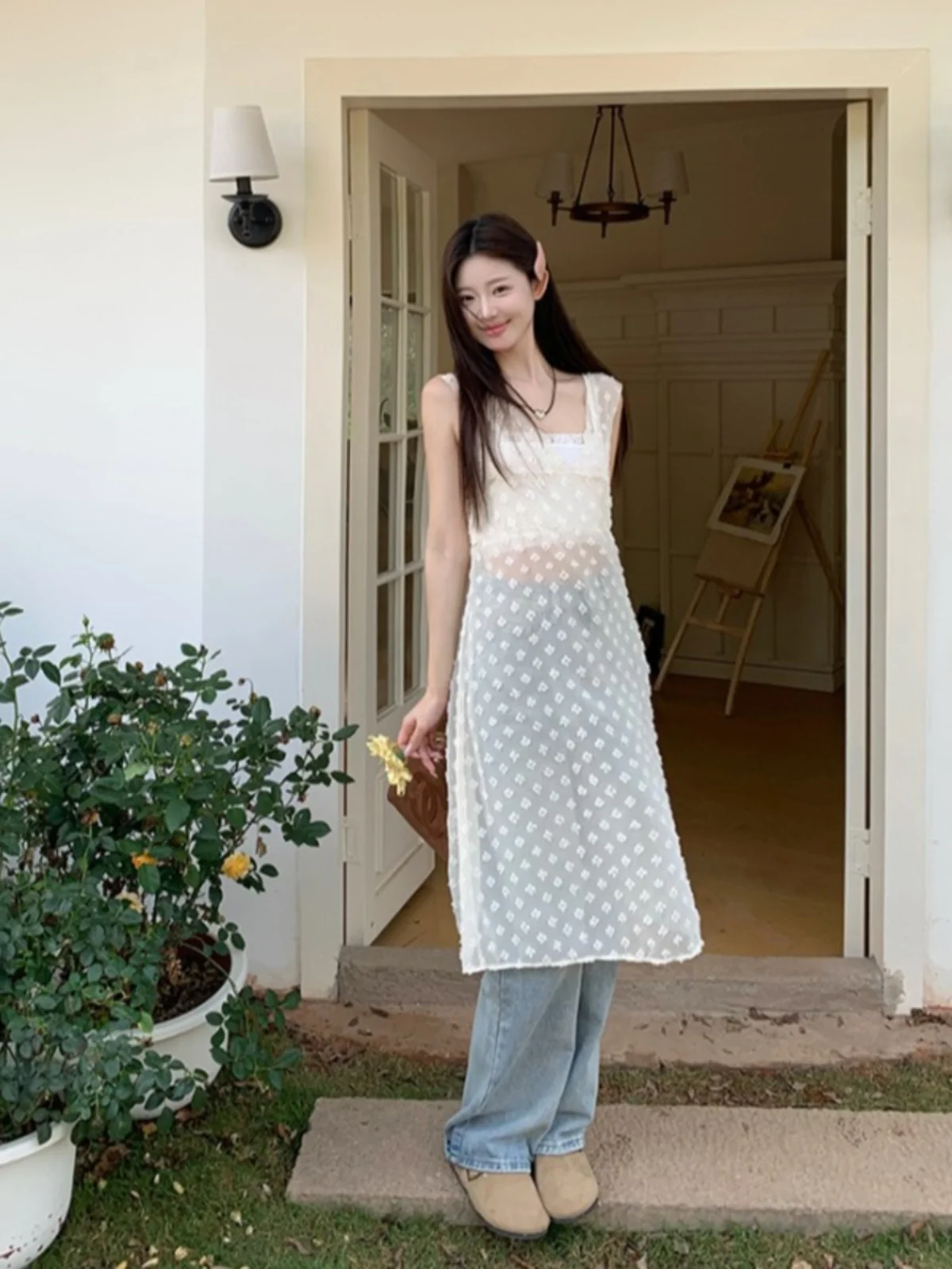 Vestido midi f estilo coreano com decote em V, flores 3D em relevo, em camadas, modelador de cintura, para a primavera...