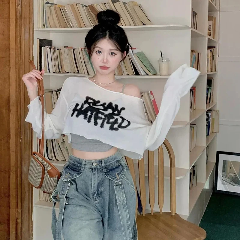 Loose Thin Sunproof Blouse Women Hiphop Jazz Dance Long Sleeved Tops Sexy O Neck Letter White Cropped Chic Two Piece Pullover