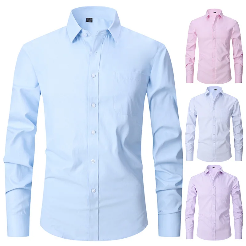 Men Business Shirt Stretch Cardigan Casual Tees Button Down Formal Long Sleeve Dress Shirts Casual Solid Color Top Male Clothing