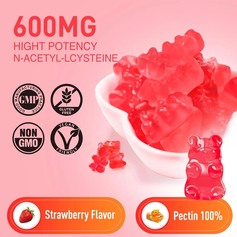 Nac Gummies 600 mg, suplementos de acetilcisteina para antioxidantes y apoyo inmunológico, salud de las pulpos y el hígado, sabor natural de fresa