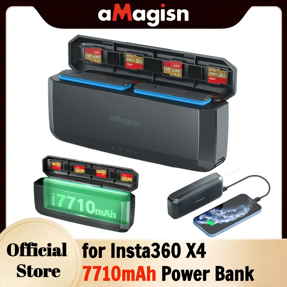 aMagisn Battery Charger,Dual Battery Charging Case,20W Fast Charging,7710mAh High Capacity Power Bank for Insta360 X4 Battery