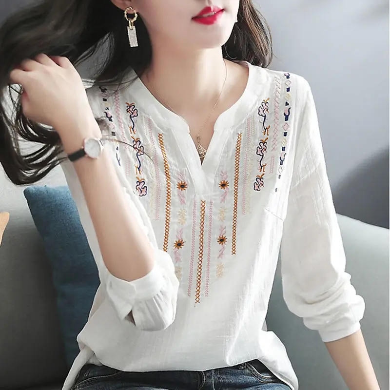 Cotton Linen Embroidered Ethnic Style Versatile V-neck White Blouse Multiple Patterns Printing Thin Spring Summer Women Pullover