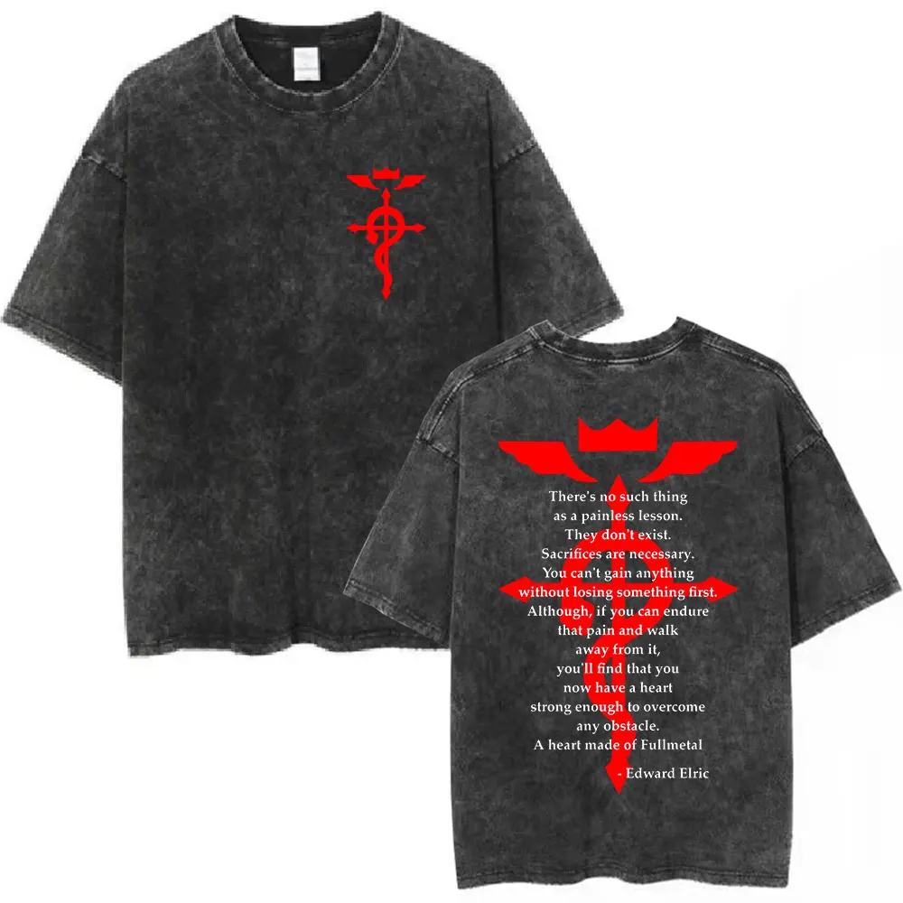 Anime Fullmetal Alchemist Washed T-shirt Edward Elric Graphic T-shirts Fashion Vintage Casual Short Sleeves T Shirts Streetwear