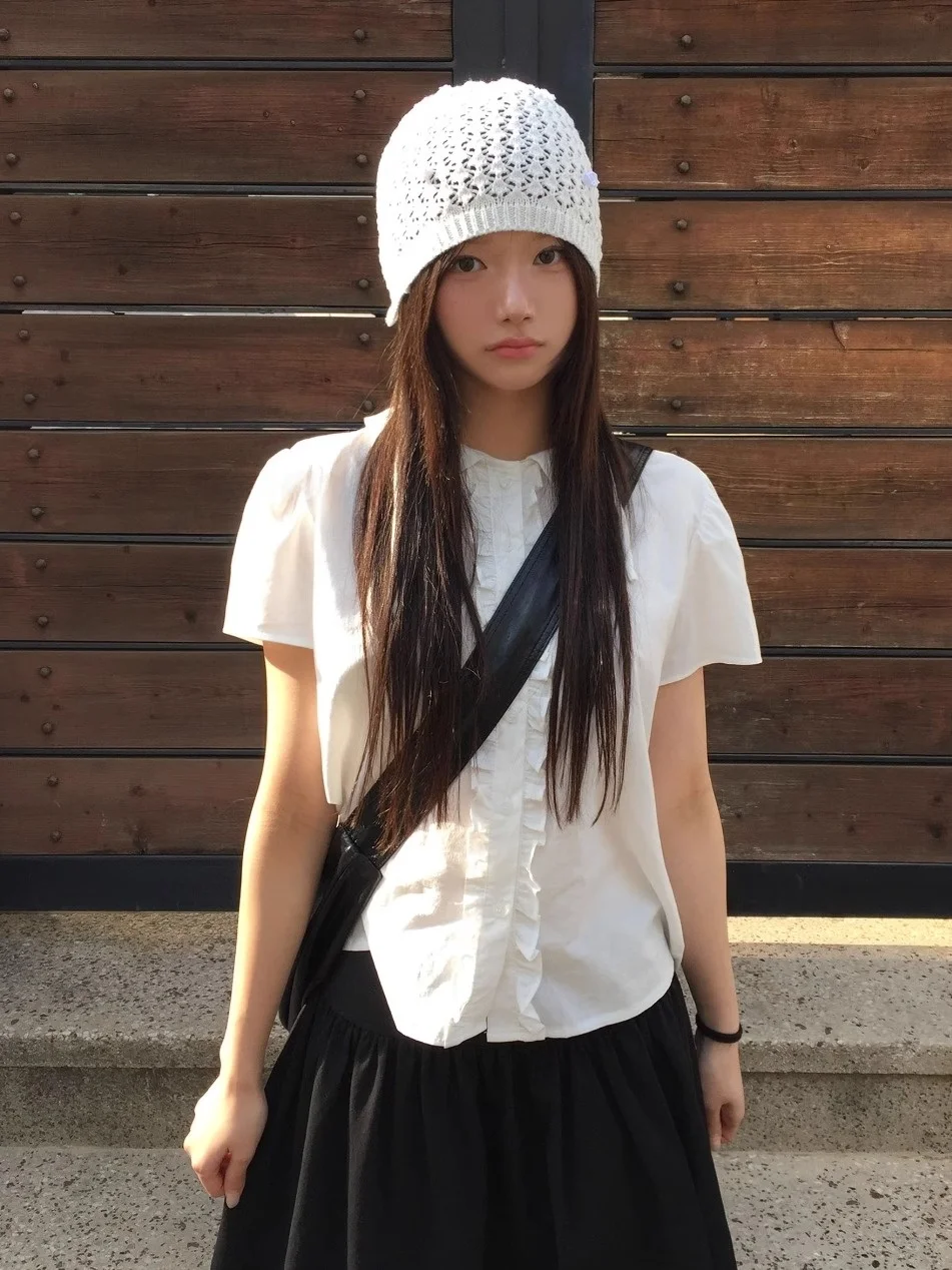 Sweet Summer ort Sve irt with Ruffle Collar Ear Musoom Pattern Korean Sle Straight Cut Commute Faion Ladies Top