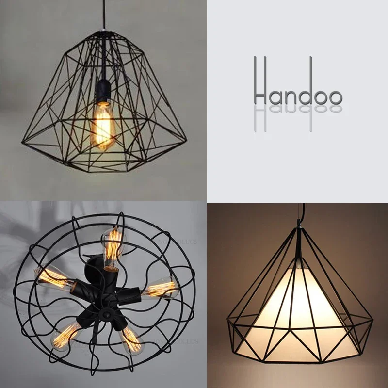 

Iron cage Art Ironwork Ceiling Lights Wrought Diamond Black & White creative Ceiling Lamps Vintage fan Ceiling light Black White