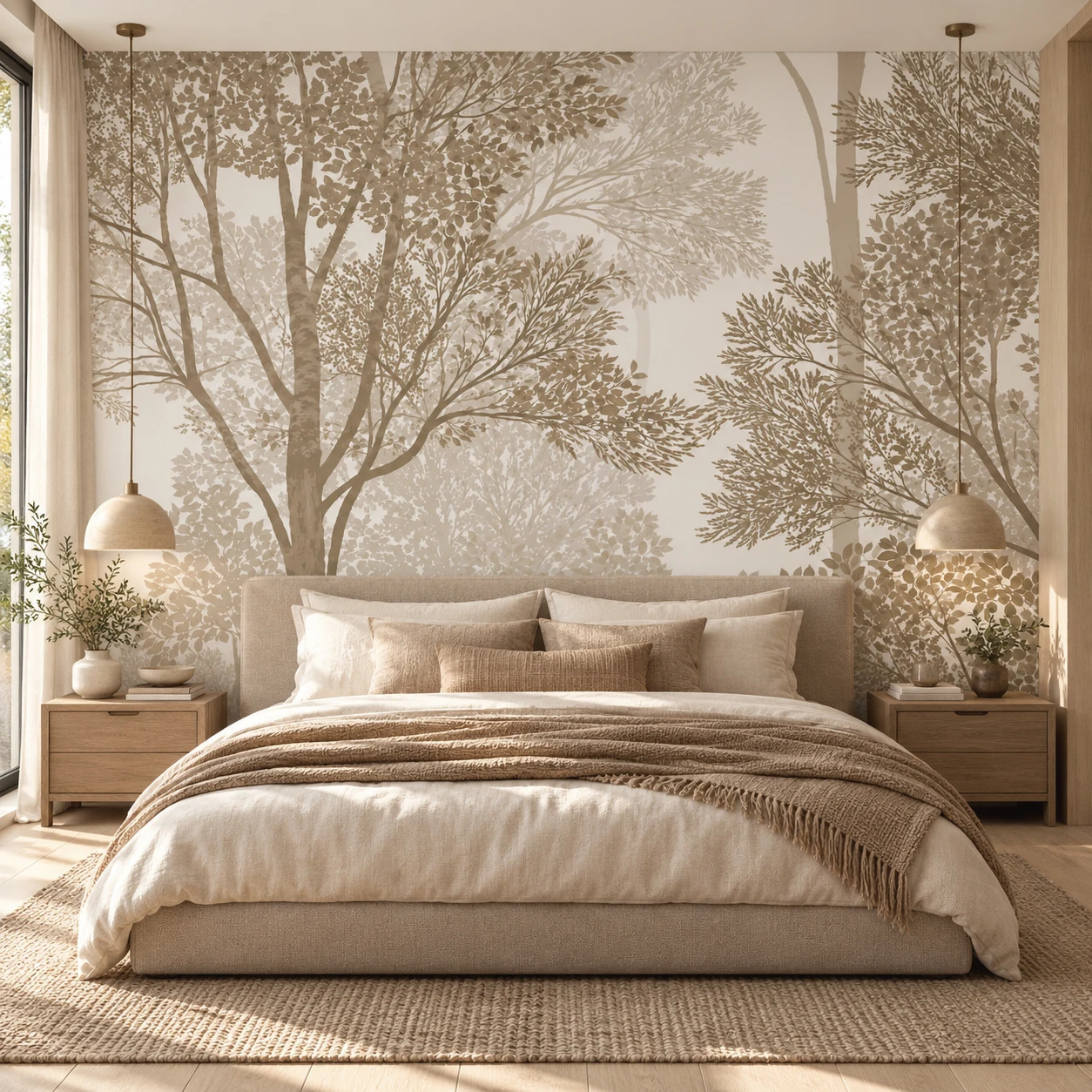 Forest Wall Mural Beige Trees Botanical Woodland Wallpaper Non Self Adhesive Living Room Bedroom Nature Decor Neutral Wall Decor