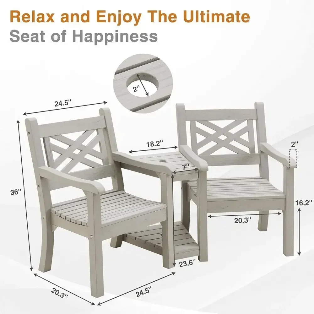 Weather-Resistant Poly Lumber 2-Seater Loveseat with Center Table and Umbrella Hole, Ideal for Outdoor Spaces in Grey