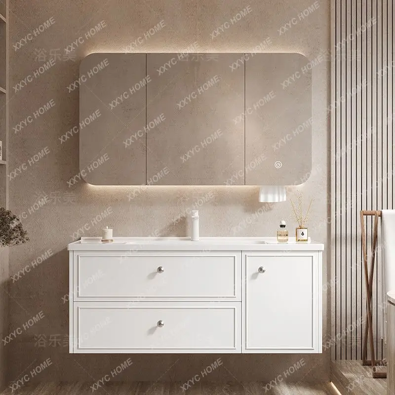 

Комплект мебели для ванной LXBathroom: тумба с интегрированной керамической раковиной, умный зеркальный шкаф, умывальник, многослойная тумба из массива дерева