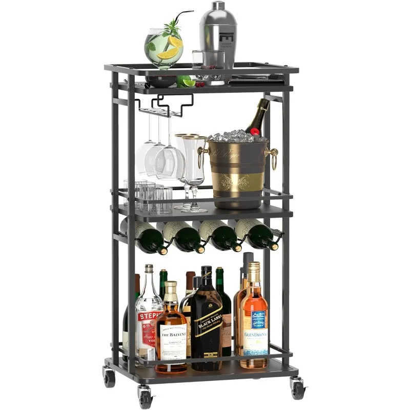 

3 Tier Bar Cart for Home, Rolling Mini Liquor Bar Cabinet with Wine Rack and Glass Holder, Home Bar Serving Cart on Wheels