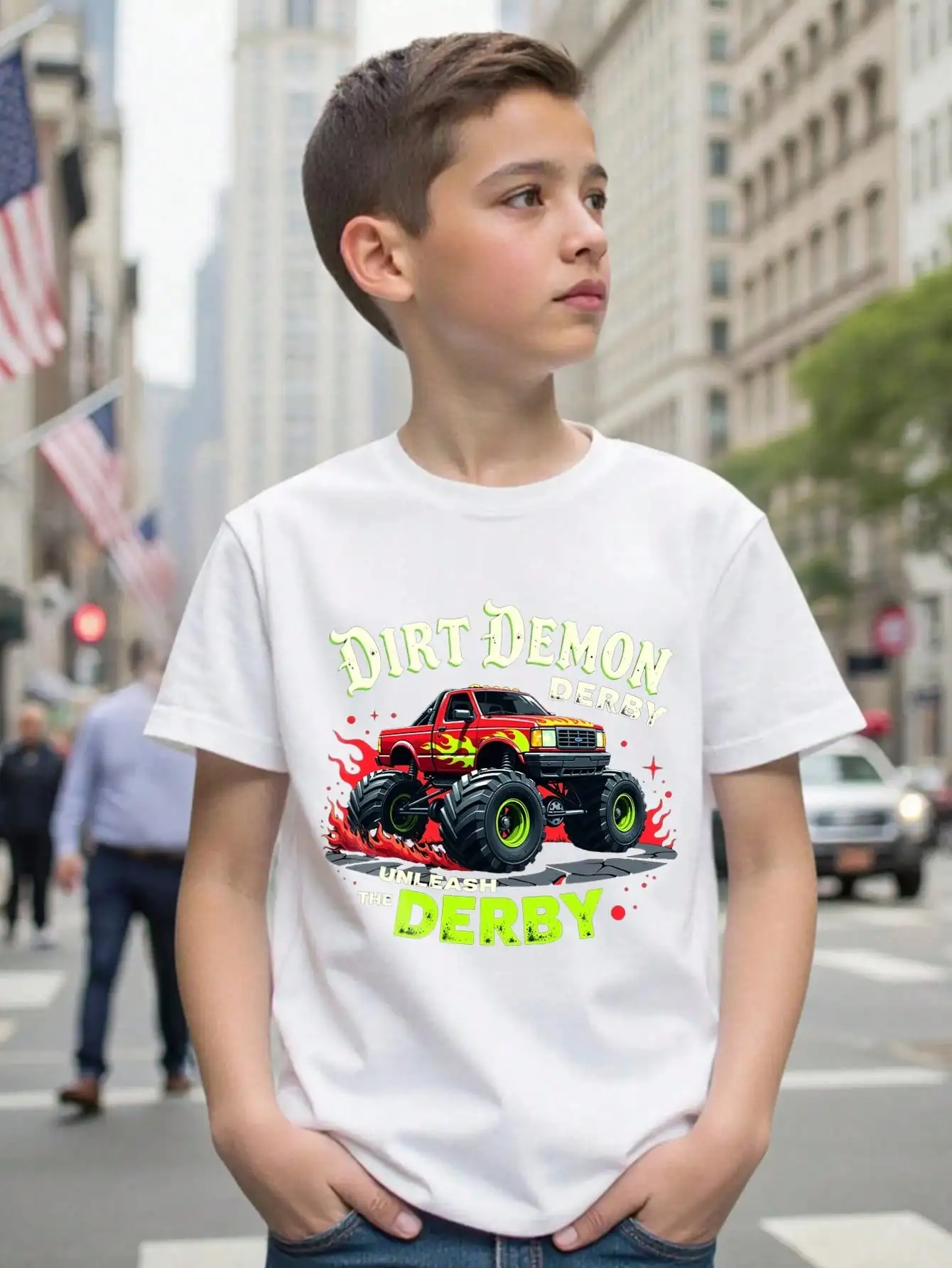 

Boys/Girls Monster Truck Theme Back To School Cotton Graphic Tees, Black Casual Style Summer Tops With Monster Truck Pattern