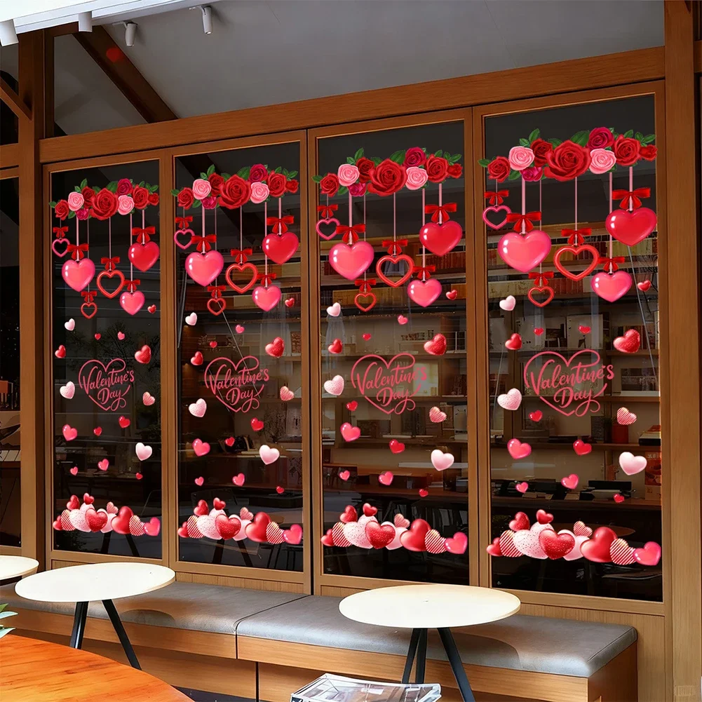 Valentines Day Decoration Heart Window Decals Window Clings Red Heart Designs Double-sided Visibility Peel-off Backing