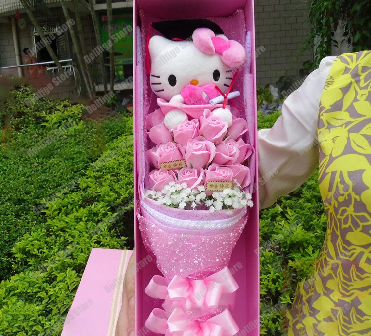 

Sanrio Hello Kitty Plush Stuffed Bouquet Graduation Hats Gift Box Doll Cute Soap Flower Rose Flower Bouquet Birthday