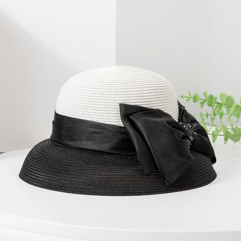 

Japanese design Hepburn wind bow rhinestones fisherman hat women spring summer shade straw hat light breathable bow basin hat