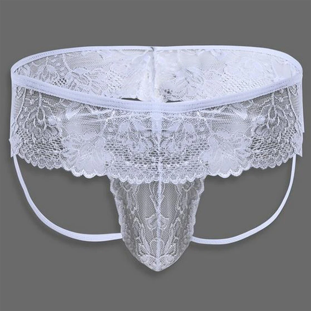 Briefs Mens Underwear See Through Sheer Sissy S~3XL G-string Lace+Spandex Low Rise Panties Plus Size Underpants