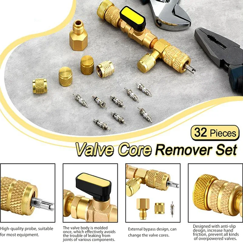 Valve Core Remover Installer Tool Kit with Dual Size 1/4 & 5/16 Port for with R22 R12 R407 R410 R404 R32 R600 HVAC System Repair