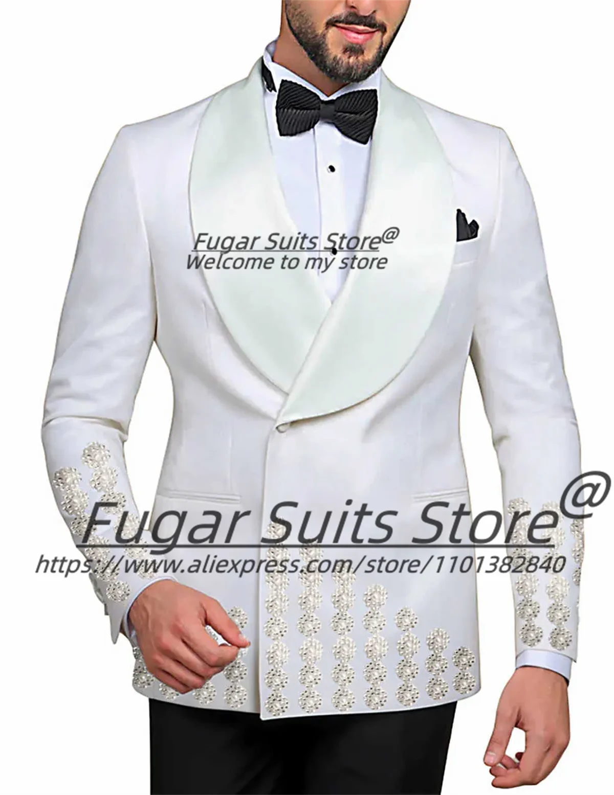 Customize Shiny Beaded Men Suits Slim Fit Shawl Lapel Groom Wedding Tuxedos 2 Pcs Sets Male Double Breasted Blazers Ropa Hombre