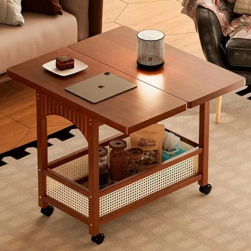 Folding Wooden Side Table, Mobile Coffee Table for Living Room Bedroom, Foldable Sofa Table with Storage, Portable Nesting Cart