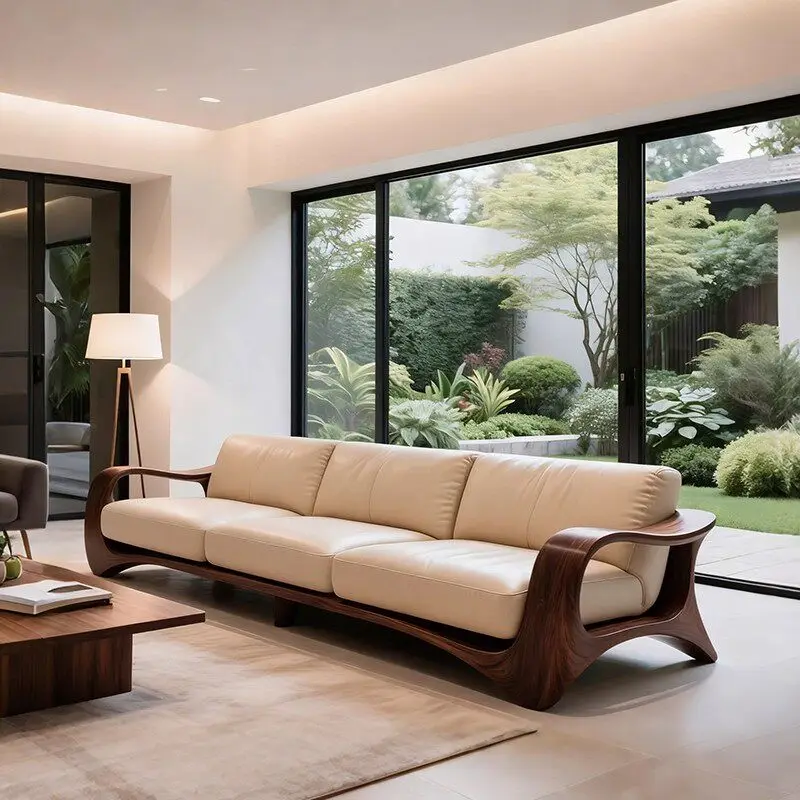 #Solid Wood Walnut Sofa Luxury Villa Large Unit Living Room Straight Row Sofa Leather Designer Style