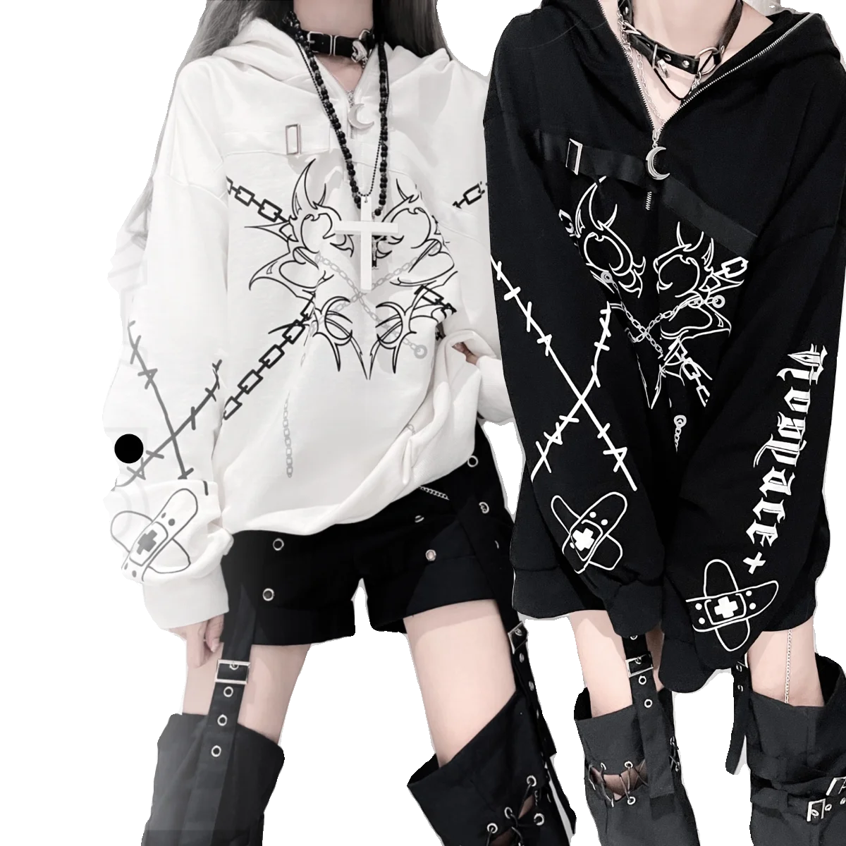 Original Subculture Black Sweet Cool Hooded Hoodies Autumn and Winter New Student Gothic Punk Street Clothing Y2k Printing Top