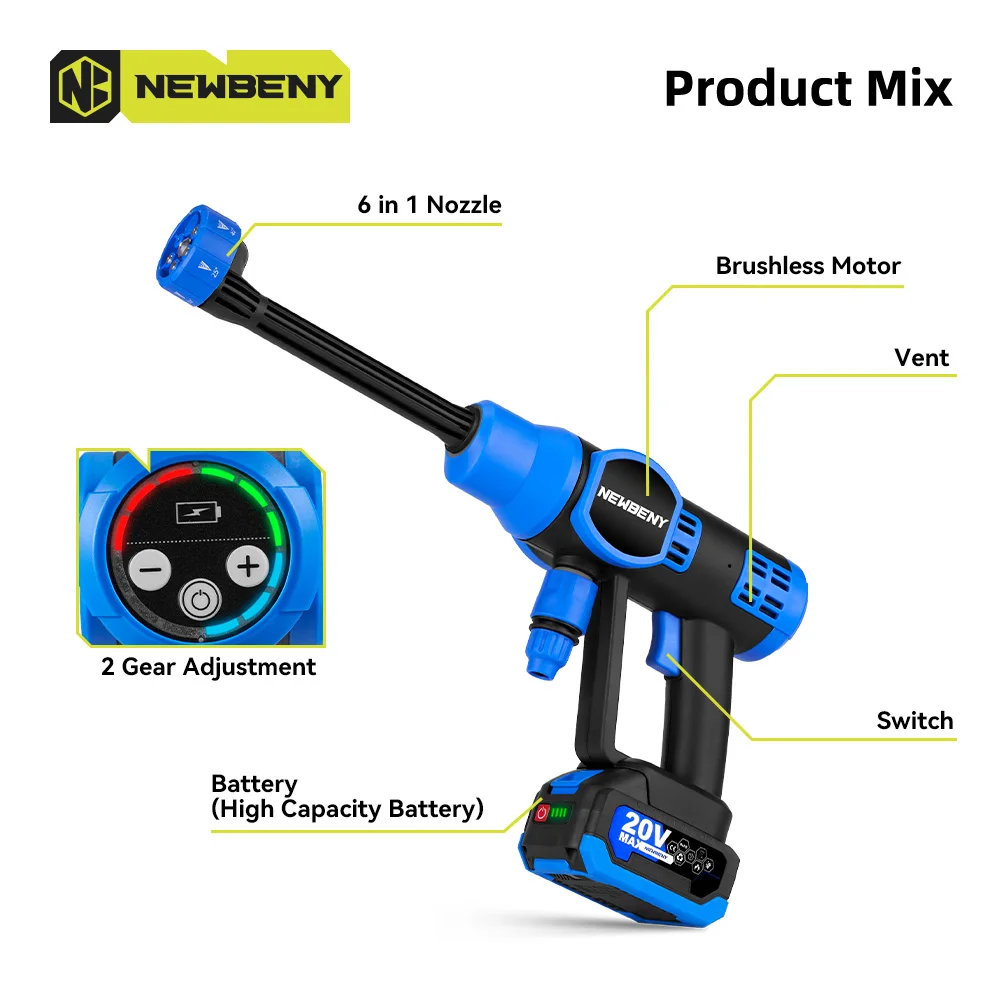 NEWBENY 200Bar 6 IN 1 Brushless Electric Car Washer Cordless Efficient Car Garden Washing Power Tools For Makita 18V-21V Battery