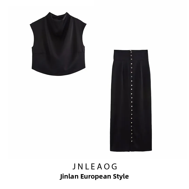 JNLEAOG Spring New Women's Casual Sle Svel Top And Button Skirt Set Polyester Fiber Slim Fit round Ne Regular Length