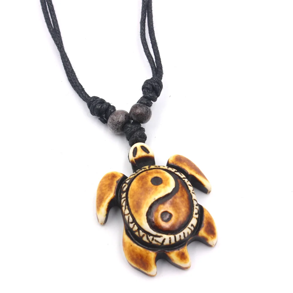 Vintage Tai Chi Yin Yang Turtle Pendant Necklace for Men Women Imitation Yak Bone Sea Turtle Charms Jewelry Gift