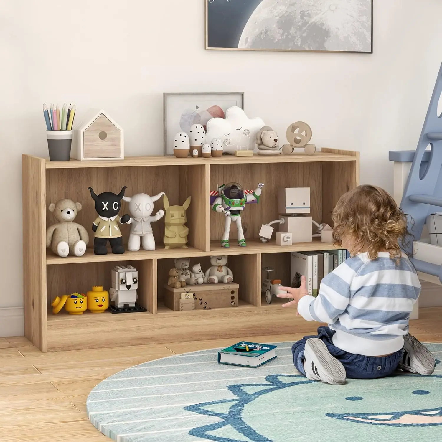 Speelgoedopberger, 2-Tier Kinderboekenplank, 5 Kubus Kinderboekenkasten, Kasten En Planken, Houten Speelgoedplank Organizer, Klein