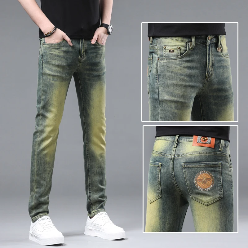 Retro Yellow mud color light luxury jeans men's fashion printed all-matching simple classic slim fit skinny trendy casual pants