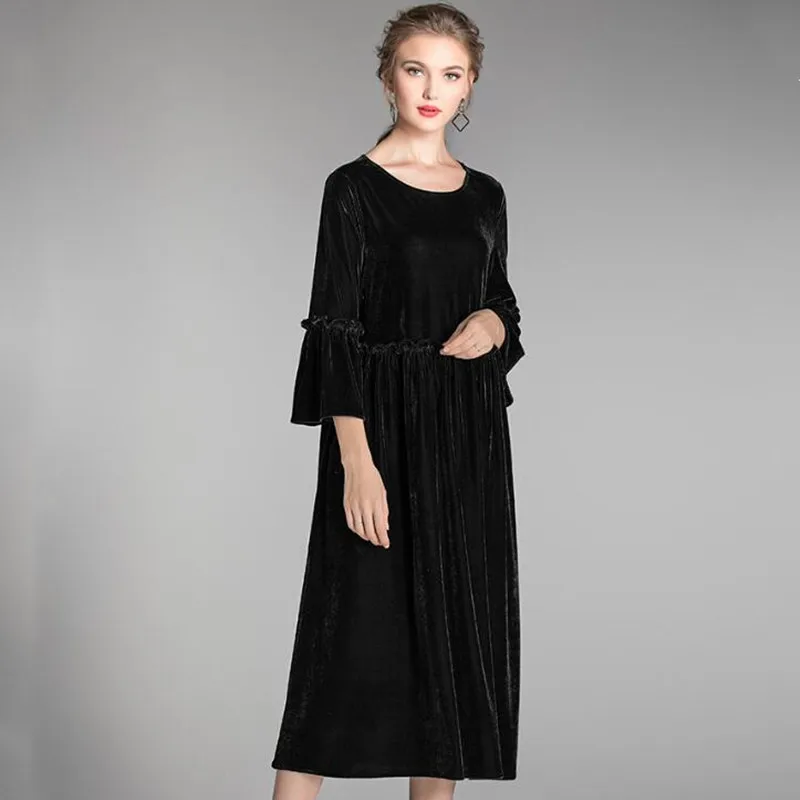 Robe en velours plissé à manches longues pour femmes, robe de soirée élégante, volants, printemps, automne, nouveau, 2024