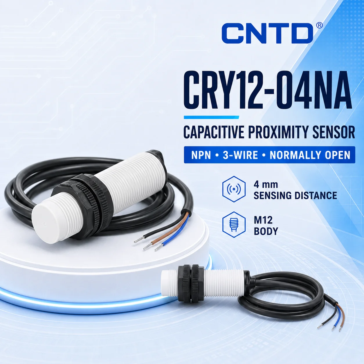 CNTD Capacitive Proximity Switch CRY12‑04DNA Sensor, M12 DC 3‑wire NO or NC 4‑wire NO and NC 24V 2m cable IP65 Surge Protection