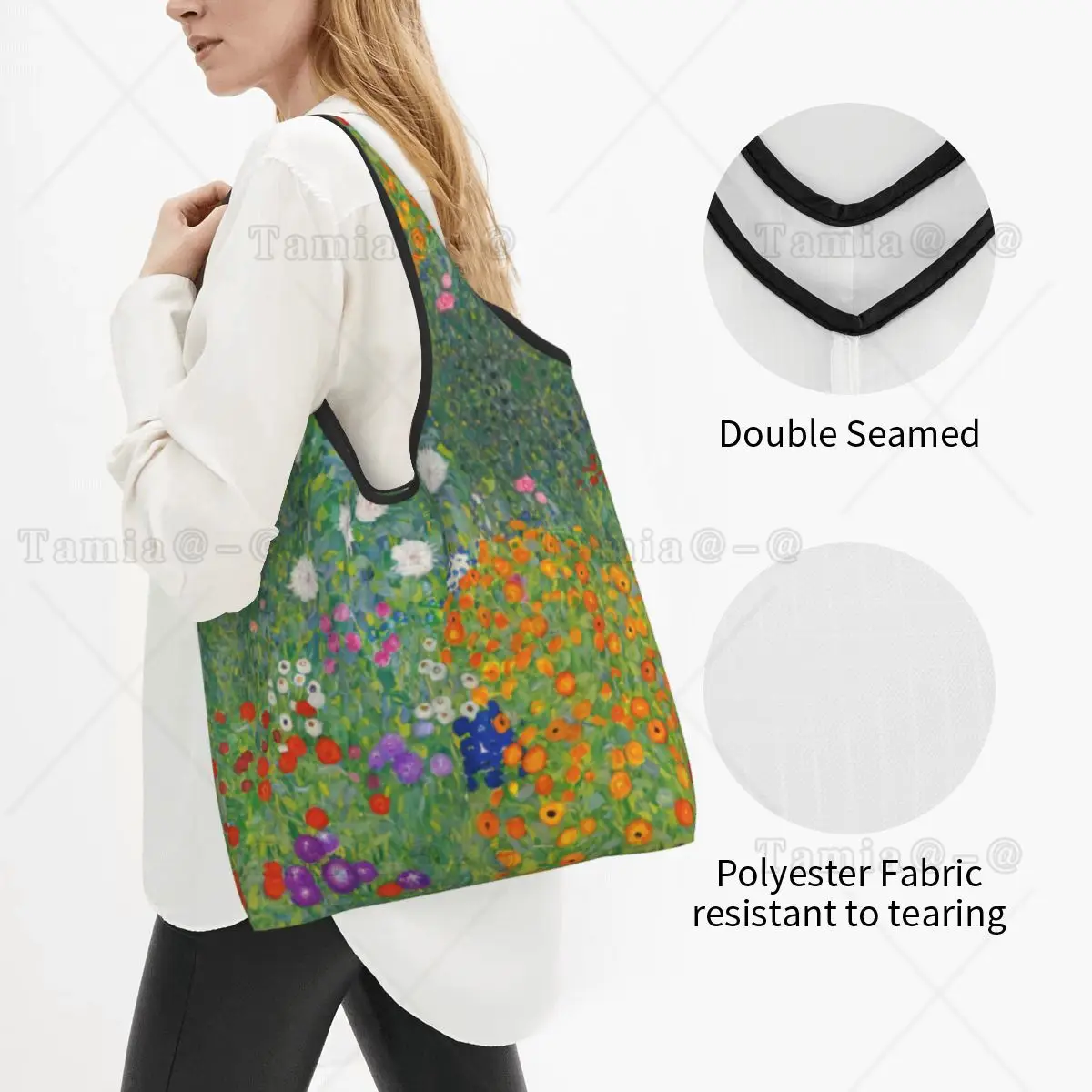 Custom Gustav Klimt Flower Garden Groceries Tote Shopping Bags Women Funny Painting Shopper Shoulder Bag Big Capacity Handbag