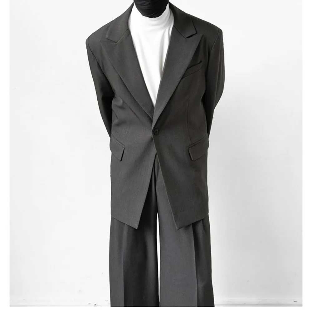 Loose Casual Grey Men's Suit Single Breasted Peak Lapel Oversize Style Daily Commute Travel Male Suits Blazer Pants