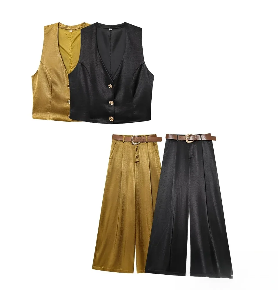 

KONDALA Роскошный элегантный комплект жилета, женский атласный жилет с v-образным вырезом или поясом, широкие брюки, весна-лето 2024, модный уличный женский комплект