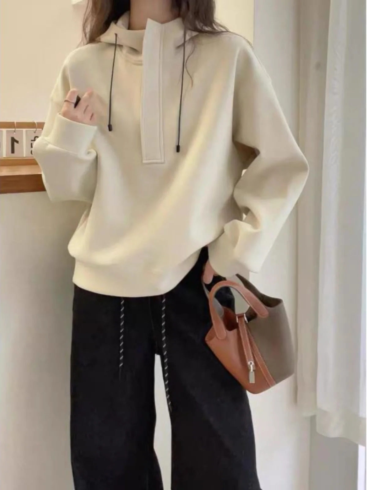 

Autumn New Loose Fit Hoodie Women Casual Slimming Long Sve Overhead Top Color Blo Faionable Versatile Hooded Sweatirt