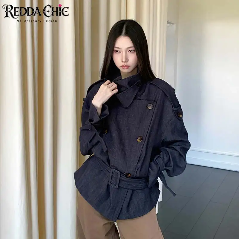 ReddaChic Fall Trend Women Belted Trench Coat Causal Cleanfit Lapel Loose Fit Long Sleeve Crop Denim Jackets Vintage Outwear