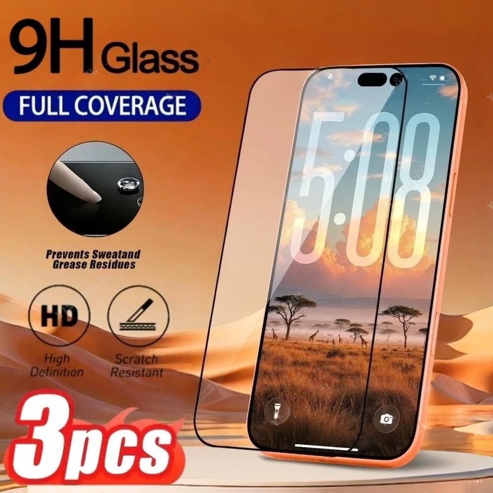 

Комплект из 3 защитных стекол Full Cover для iPhone 17, 16, 15, 14 Pro Max, Air 17e, 16e, 15, 14 Plus, 13, 12, 11 Pro – Защита от царапин, закаленное стекло