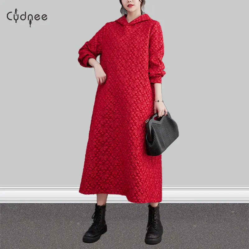 Autumn Winter Large Size Pullover Solid Flower Pattern A-Line New Leisure Jacquard Craft Cotton Long Sweatshirt Hoodie Dress