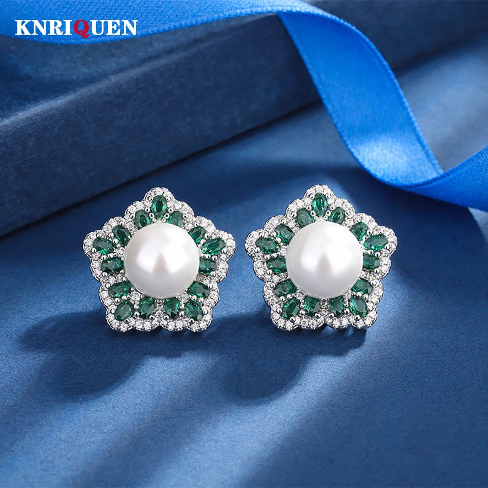 

2022 Trend 10MM White Pearl Ruby Emerald Sapphire Stud Earrings for Women Fine Jewelry Charms Anniversary Female Gift Wholesale