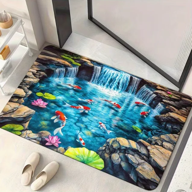 Phantom Pond Turtle Door Mat Turtle and Fish Patterns Indoor and Bathroom Living Room Bedroom Entrance Natural Rock Decoration