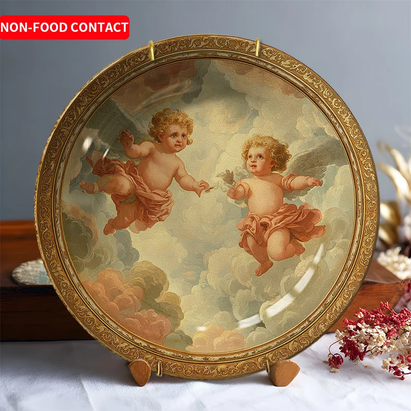 Christmas 1pc Angel Cloud Ceramic Decorative Plate, Hand-Painted Vintage Art Ornament, Home Wall Decoration, Non-Food Contact.