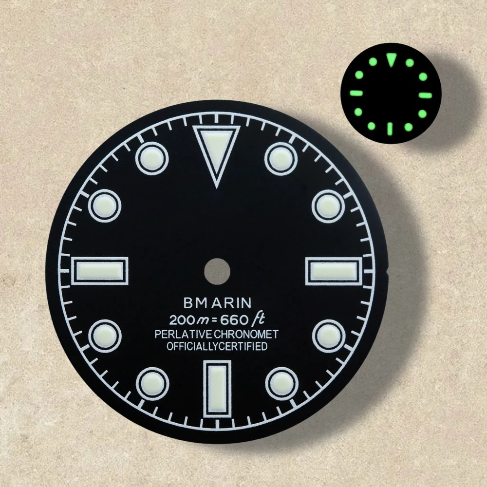 28.5mm Retro SUB Dial S Logo NH35 Dial Fit 3/3.8/4.2 O'clock Crown Green Luminous Watches Accessories For NH35/NH36 Movement