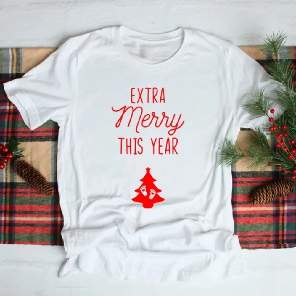Extra Merry This Year Happy New Year T-Shirt Pregnancy Announcement Mom To Be New Year TShirt NYE Holiday Tee Gift Women Clothes