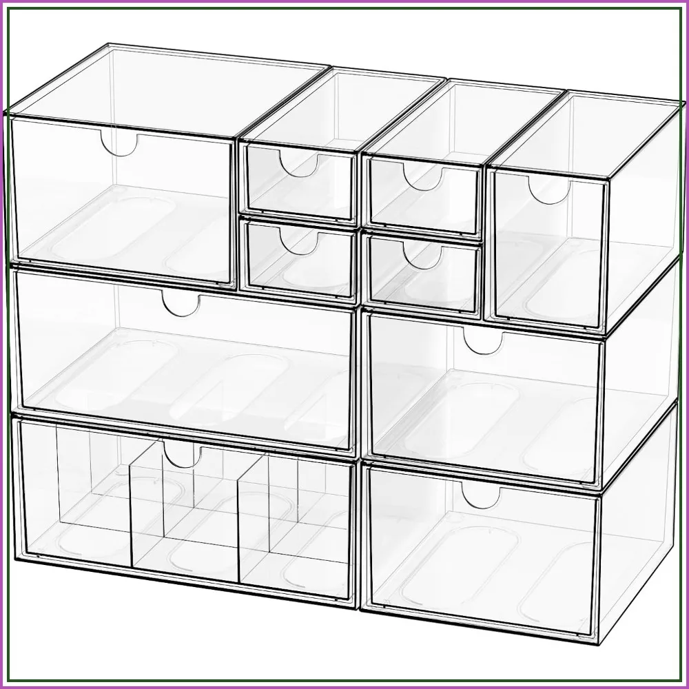 Clear Stackable Desk Organizer Set, 10 Drawer, Dustproof Storage Boxes for Office, Makeup, Stationery & Jewelry