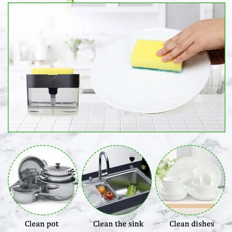 Soap and Kitchen Dispenser Kitchen Accessories Portable Detergent Press Box with Sponge Automatic Liquid Tools Water Bottle