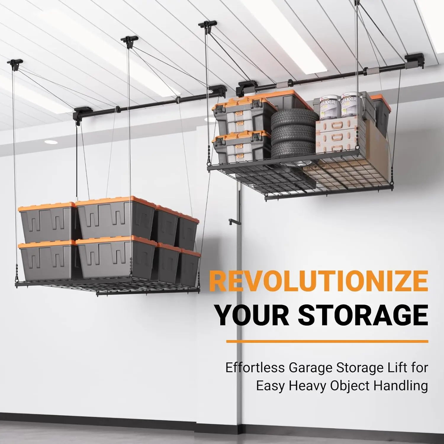 4x4ft Garage Ceiling Storage Lift, Heavy Duty Garage Storage Lift System With 300lbs Weight Capacity, Perfect for Kayaks, Ladder