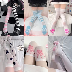 60D Velvet Striped Thigh High Stockings JK Lolita Cute Cat Claws Print Over Knee Long Socks Schoolgilrs Animes Cosplay Medias