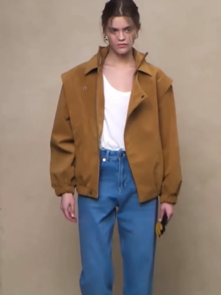 

Street Suede Women's Jacket Retro Brown Long Sleeve Zipper Female Coats 2025 Autumn Winter Turn-down Collar Loose Lady Outwear